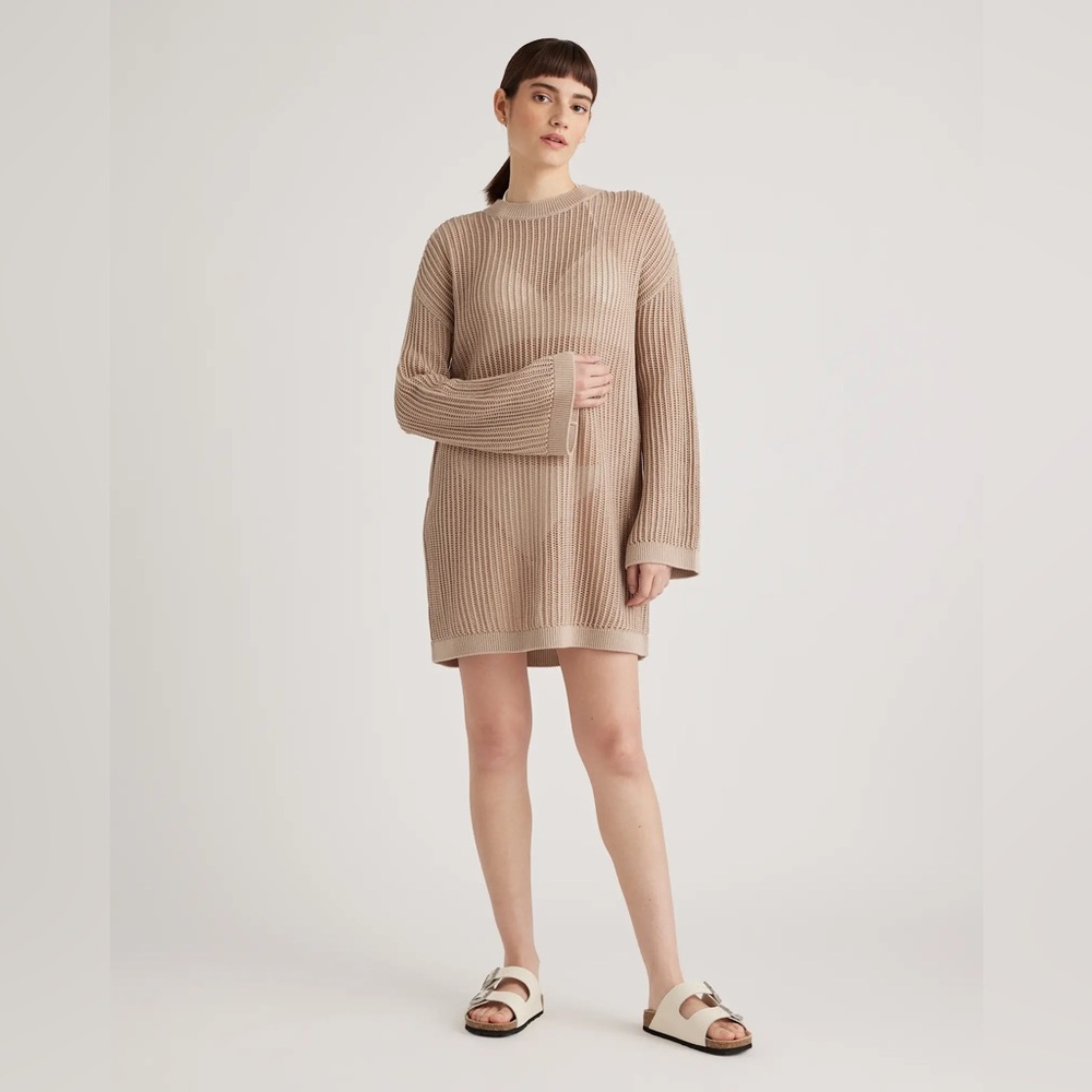 Quince 100% Organic Cotton Open-Knit Long Sleeve Cover-Up Mini Dress; Medium